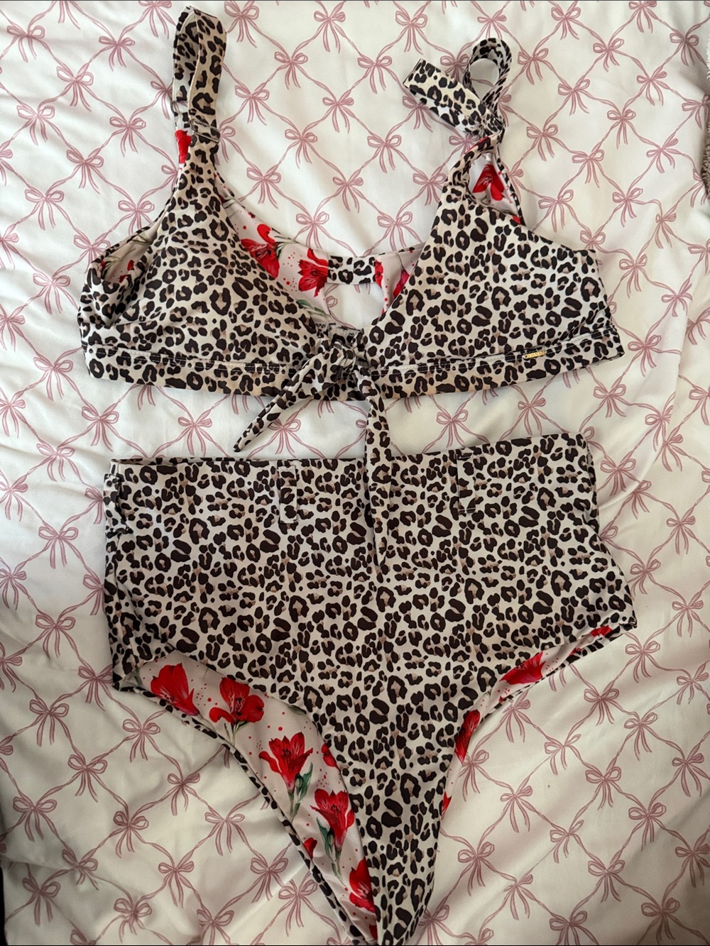 Leopard Print High-Waist Bikini Set with Red Floral Accents - boamar